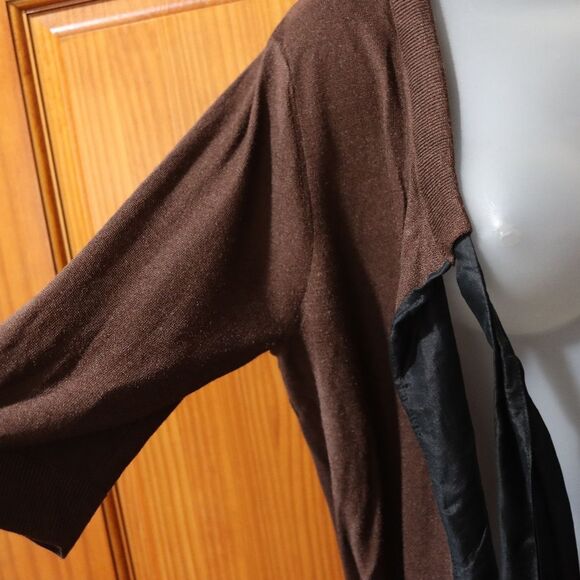 DKNY Brown & Black Silk Cardigan Bolero Wrap Sweater M/L Pussycat Bow Tie Front - Picture 4 of 12